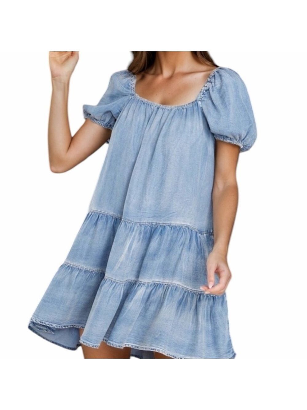 MUSTARD SEED Square Neck Puff Sleeve Denim Dress Acid Wash Mini Dress Large VGC